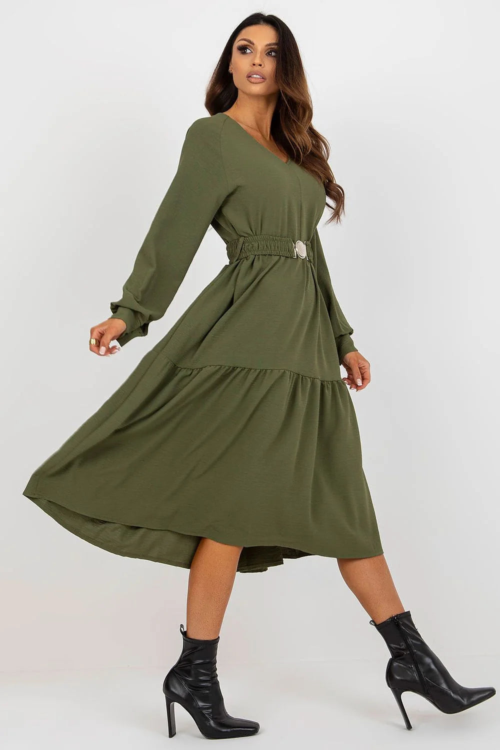 Robe casual femme marron camel V-neck ruffles ceinture longues manches amples coupe fluide mode élégante