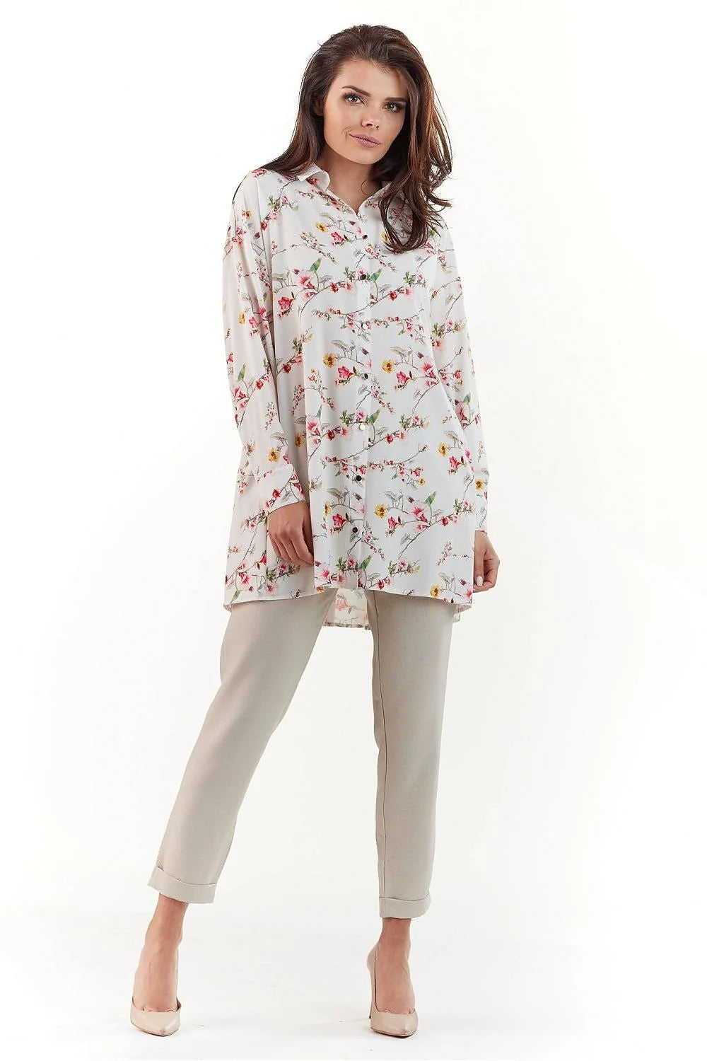 ensemble tunique pantalon floral rose pale polyester manches longues coupe droite semiformelle fluide doux col chemise mi cuisse