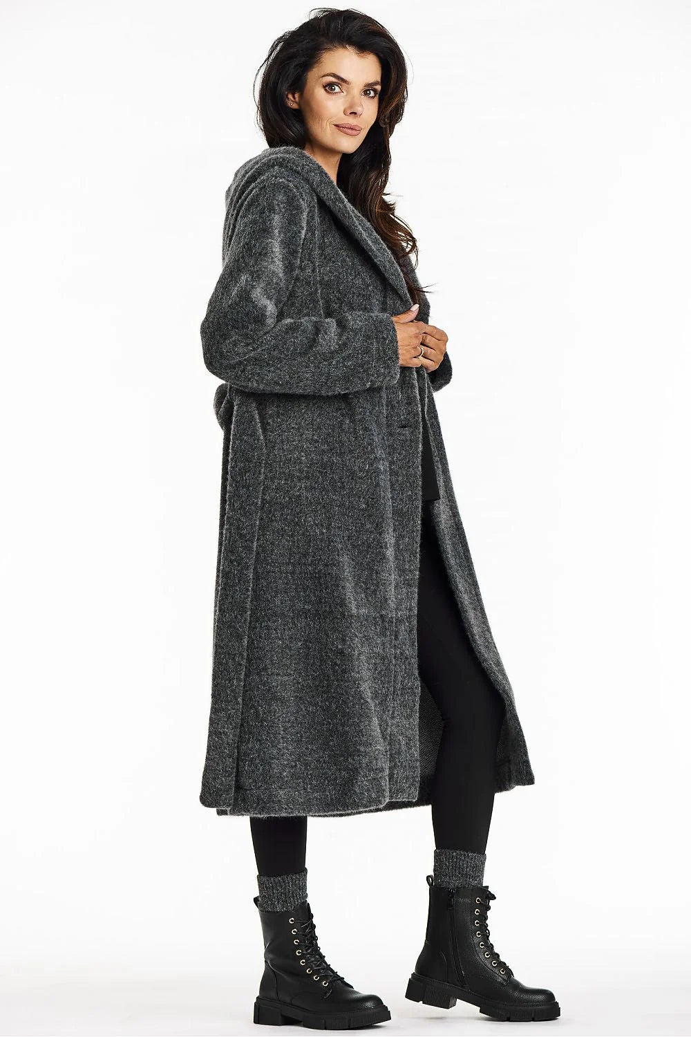 Manteau pour femme long à capuche gris foncé col châle ceinture maille ourson automne-hiver élégance décontractée Awama