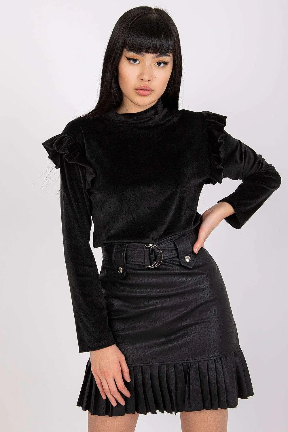 Chemisier femme velour élégant manches longues col montant volants bleu-gris taille universelle chic