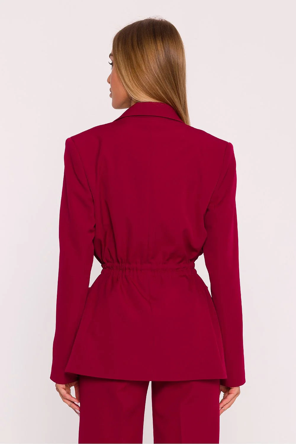 veste blazer femme bordeaux oversize cintrée cordons embouts métalliques col cranté fermeture bouton manches longues poches plaquées fluide mate polonaise
