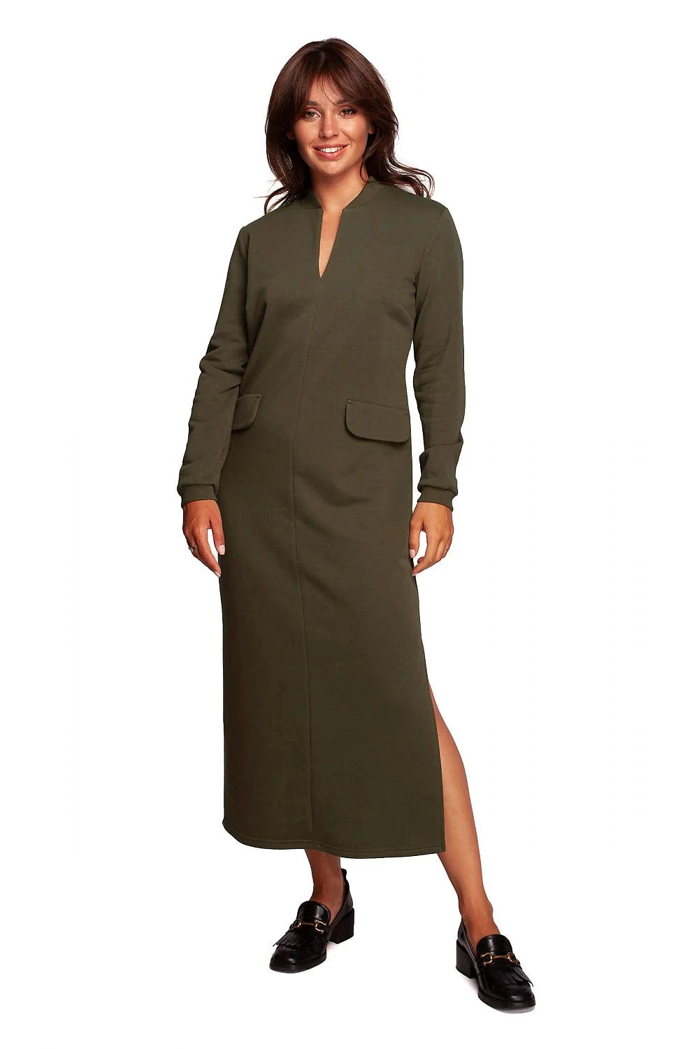Robe de jour Be Wear longue en coton et polyester, fente haute, manches longues, encolure V, poches rabattables, style épuré, couleur violette profonde pour femme