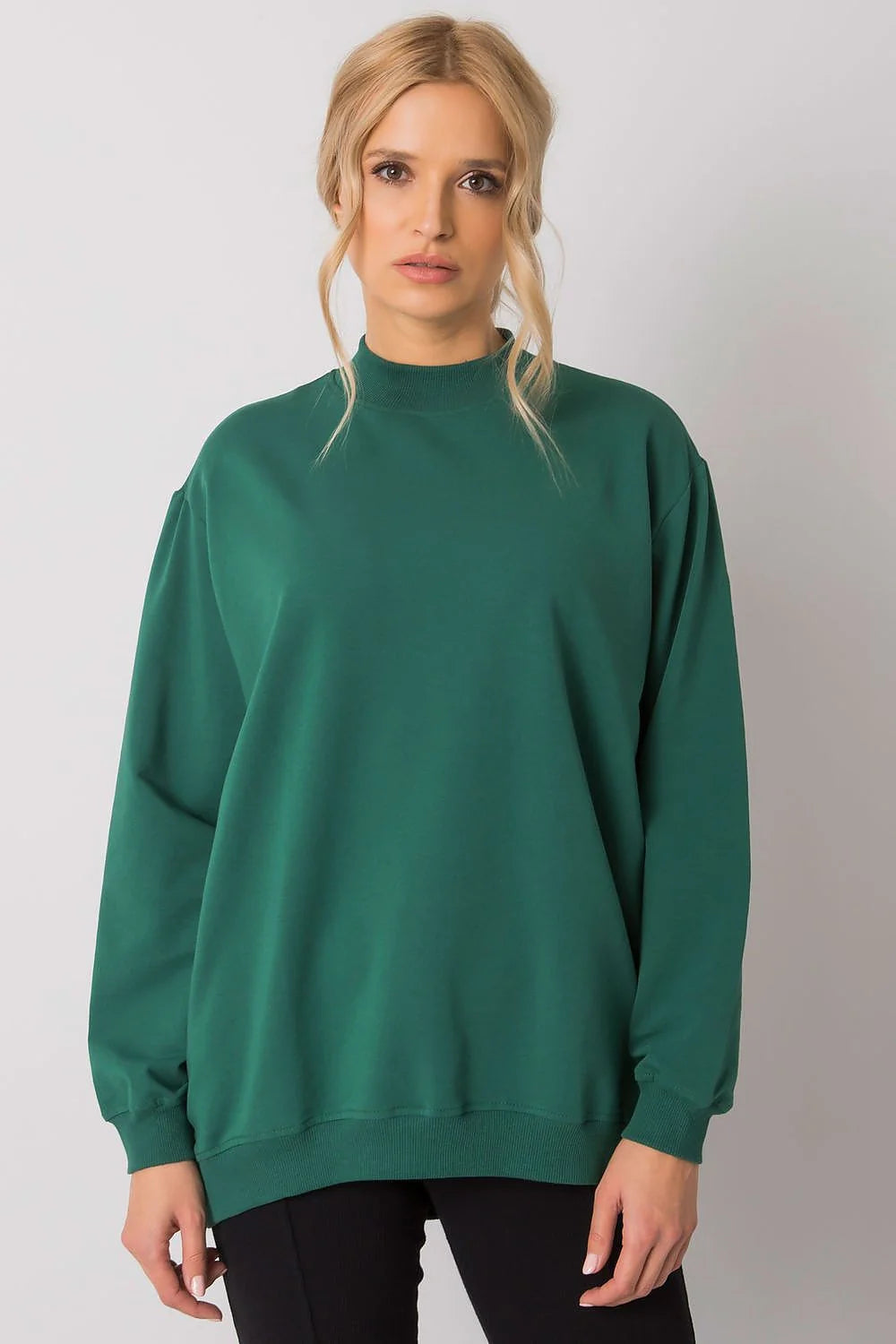 Sweatshirt BFG pour femme en coton 90% élasthanne 10%, style casual oversize, couleur bleu vif, manches longues, col rond côtelé, idéal pour tenues urbaines et décontractées