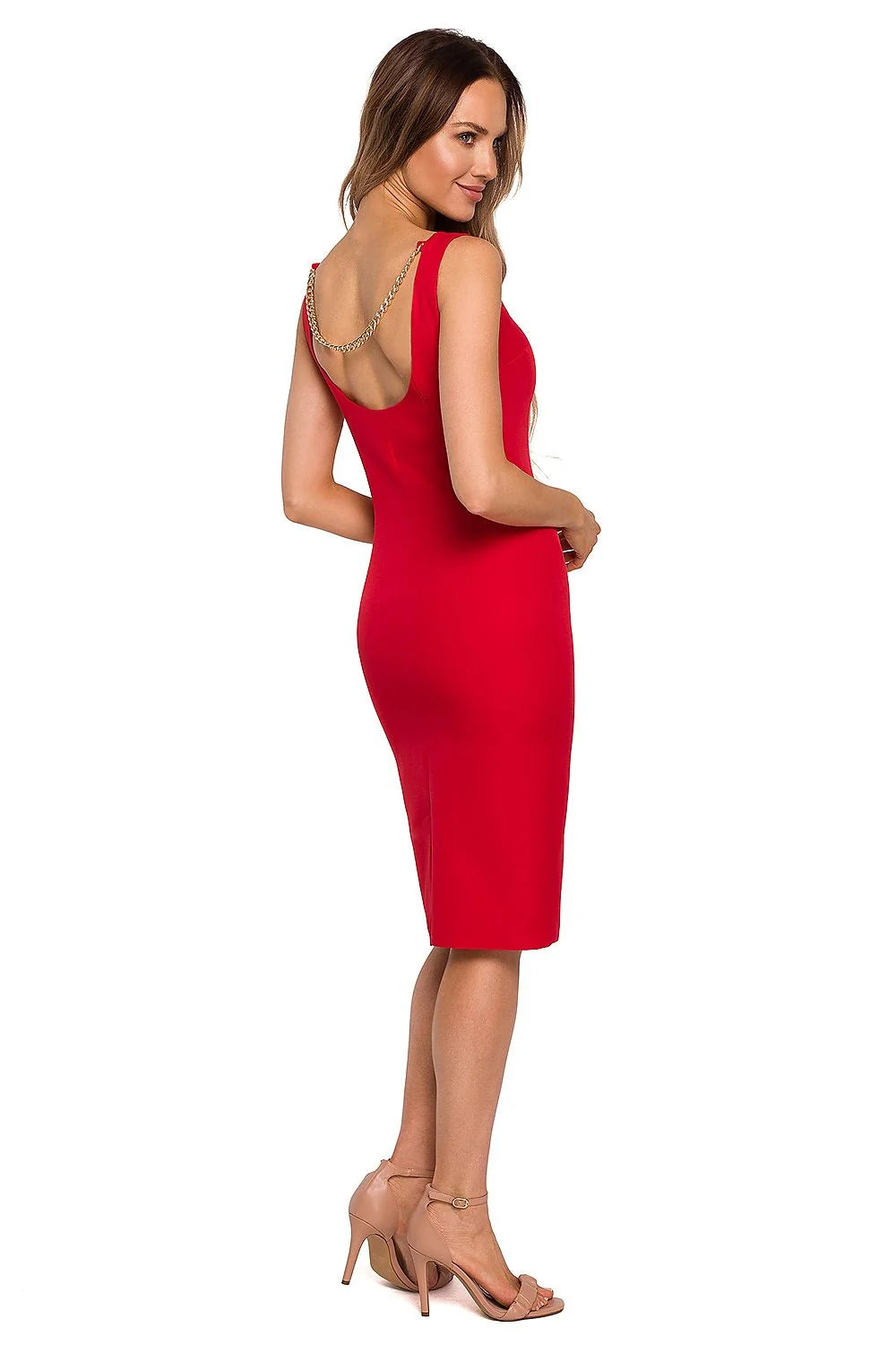 Robe élégante polyester vert vibrant sans manches ajustée dos nu chaînes femmes soirée