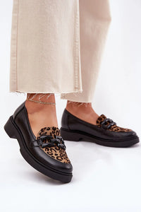 Mocassins élégance confort cuir femmes motif léopard chaîne semelle épaisse design traditionnel moderne tenues décontractées formelles bout arrondi ouverture basse
