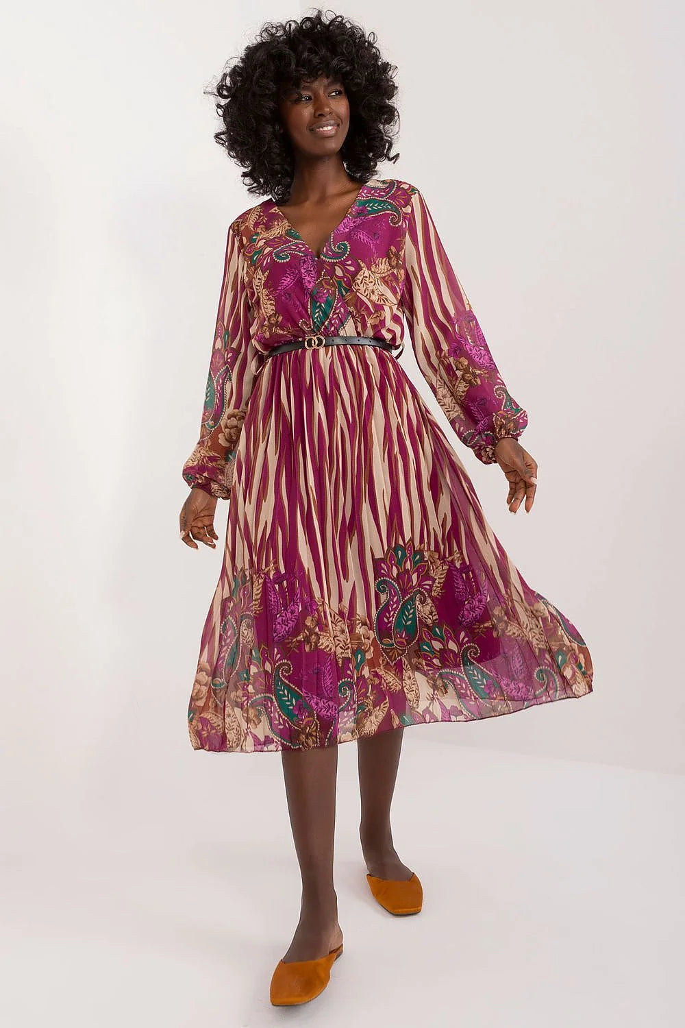 Robe de jour Italy Moda en polyester imprimé floral ethnique longueur midi encolure V manches longues élastiques