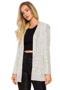 Veste de fête scintillante argentée longue élégante pour femme, style moderne chic coupe droite sequins brillants polyester 100 %