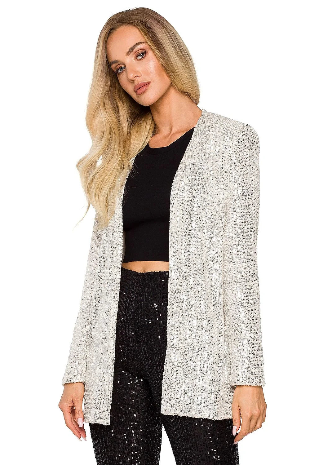 Veste de fête scintillante argentée longue élégante pour femme, style moderne chic coupe droite sequins brillants polyester 100 %