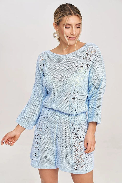 ensemble féminin deux pièces maille tricotée ajourée motifs feuilles bleu pastel léger respirant oversize colbateau manches troisquarts short taillehaute ample