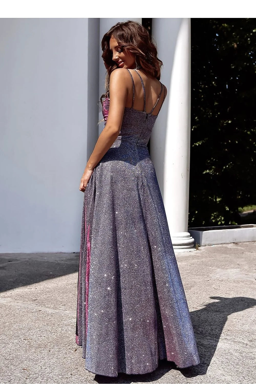 Robe longue élégante scintillante soirée femmes décolleté V croisé bretelles fines fente haute taille ajustable