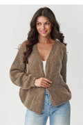 cardigan femme court oversize col V mohair laine polyamide acrylique doux léger duveteux manches bouffantes poignets ajustés taupe chic