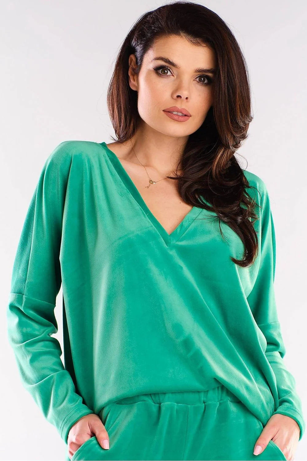 Sweatshirt femme en velours rose vif col V confortable manches longues style décontracté moderne