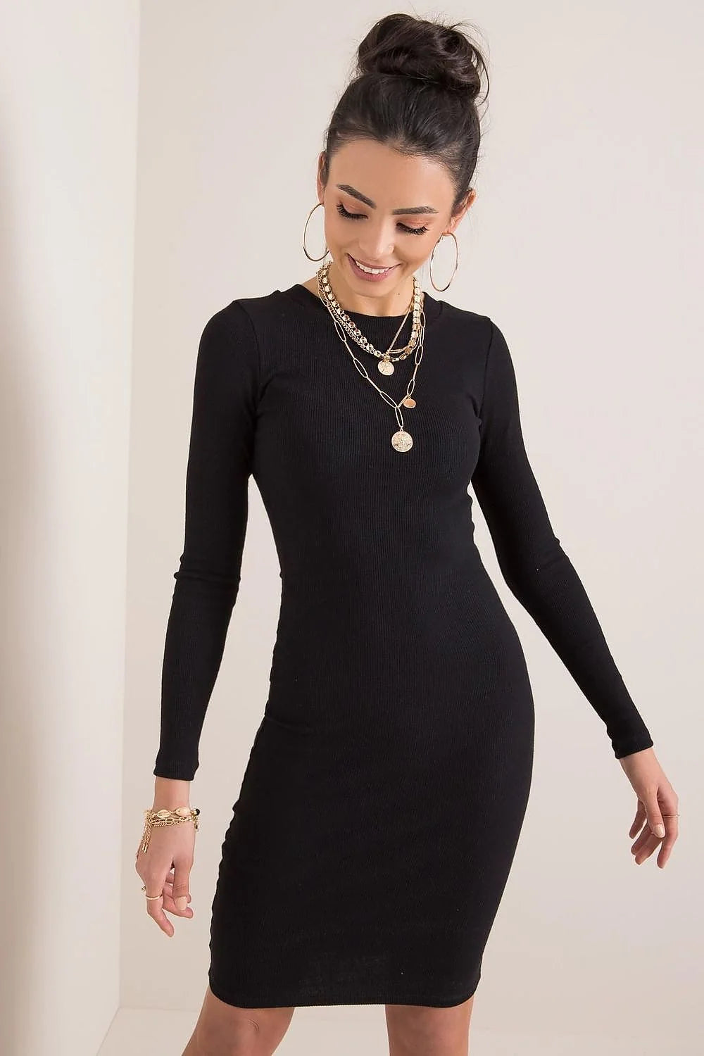 Robe de jour élégante Rue Paris coupe crayon manches longues encolure ronde coton élasthanne taille ajustable femme