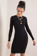 Robe de jour élégante Rue Paris coupe crayon manches longues encolure ronde coton élasthanne taille ajustable femme