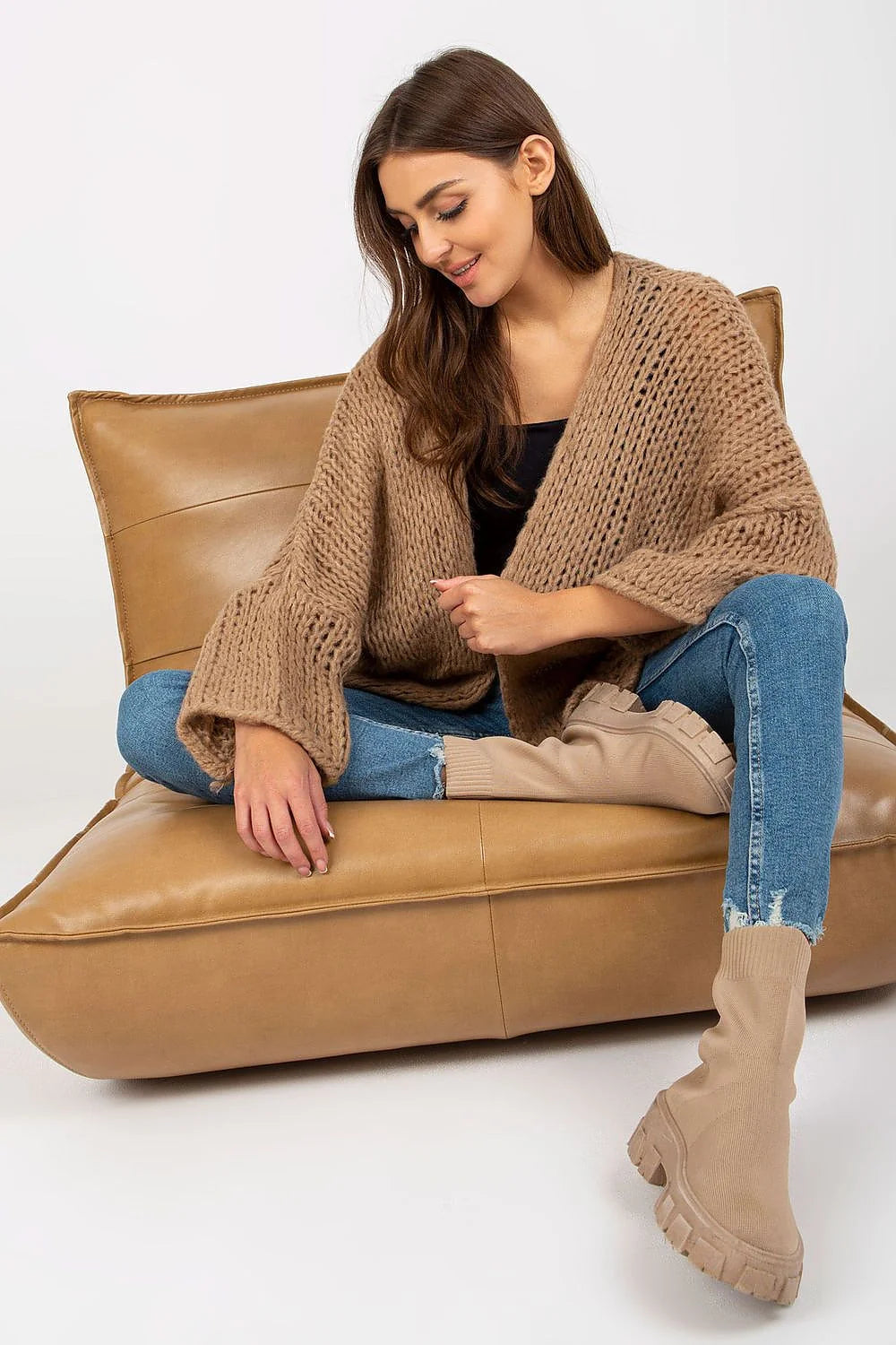 Cardigan femme Och Bella manches longues décontracté beige taupe laine mélange chaleureux style casual