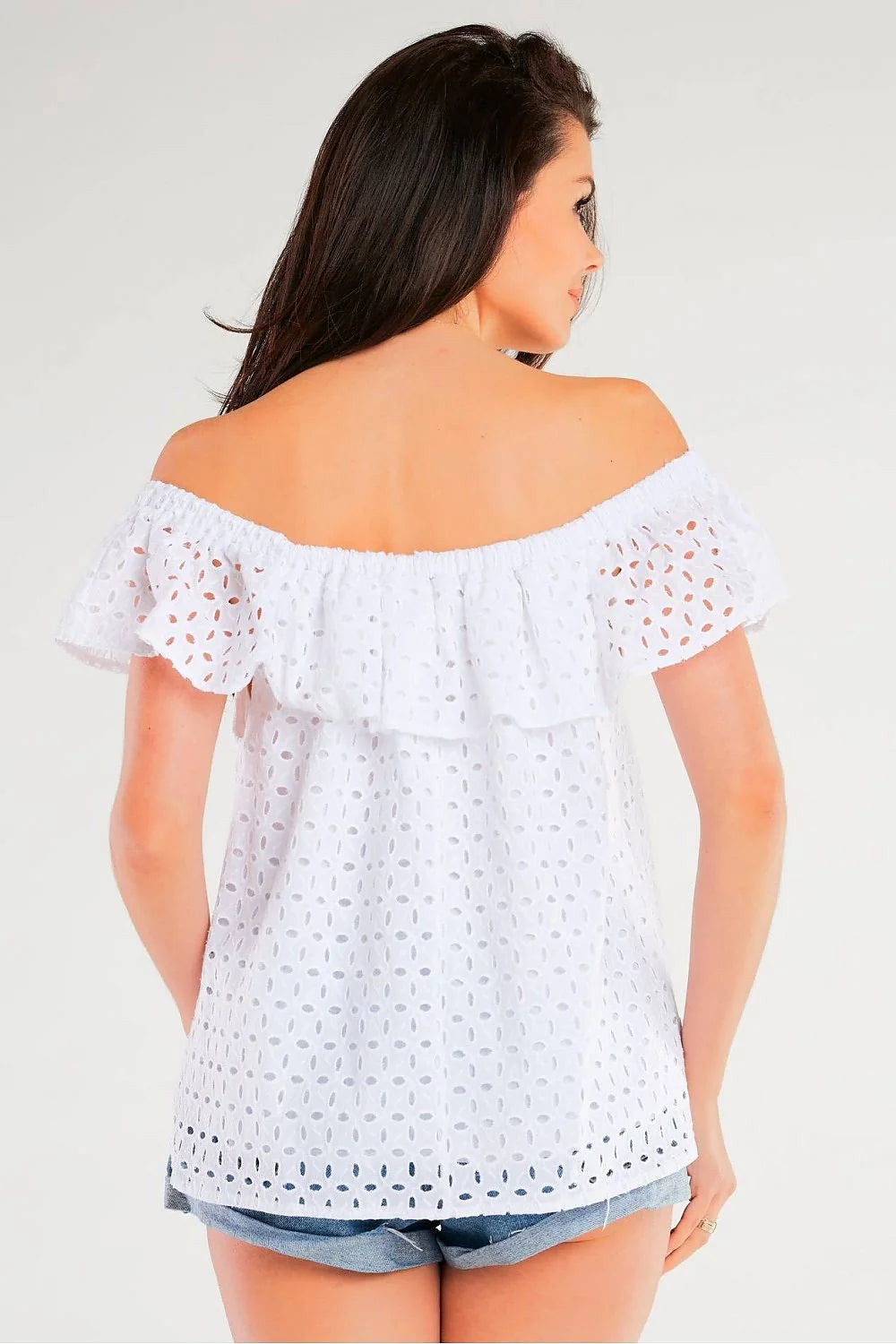 chemisier awama femme bardot épaules dénudées manches courtes volantées broderie anglaise ajouré coton léger respirant coupe droite longueur hanches noir