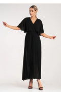 robe cocktail longue noire élégante intemporelle femme fluide chiffon mousseline plissée jupe cheville manches amples col V plongeant