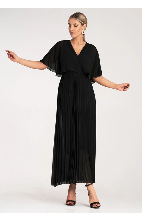 robe cocktail longue noire élégante intemporelle femme fluide chiffon mousseline plissée jupe cheville manches amples col V plongeant