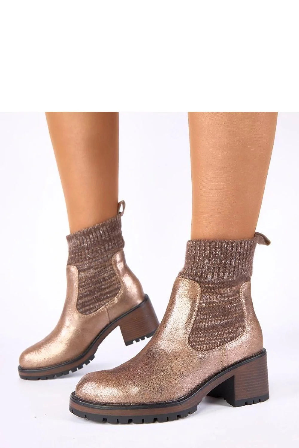 bottines dorées talon bloc moyen tige chaussette cuivré rosé métallisé empeigne lisse revers maille côtelée semelle crantée gomme antidérapante confort