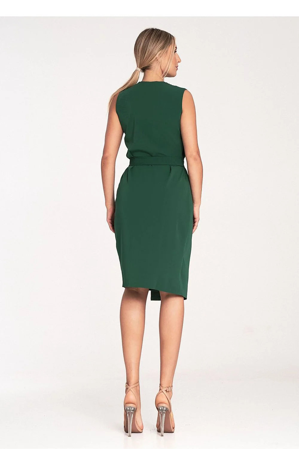 Robe élégante vert foncé sans manches ceinture dorée en V dos nu polyester viscose femme