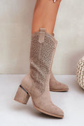 bottes feminines mi mollet suédine beige taupe ajourées motif floral boheme chic talon bloc recouvert métallique contrefort renforcé semelle antidérapante