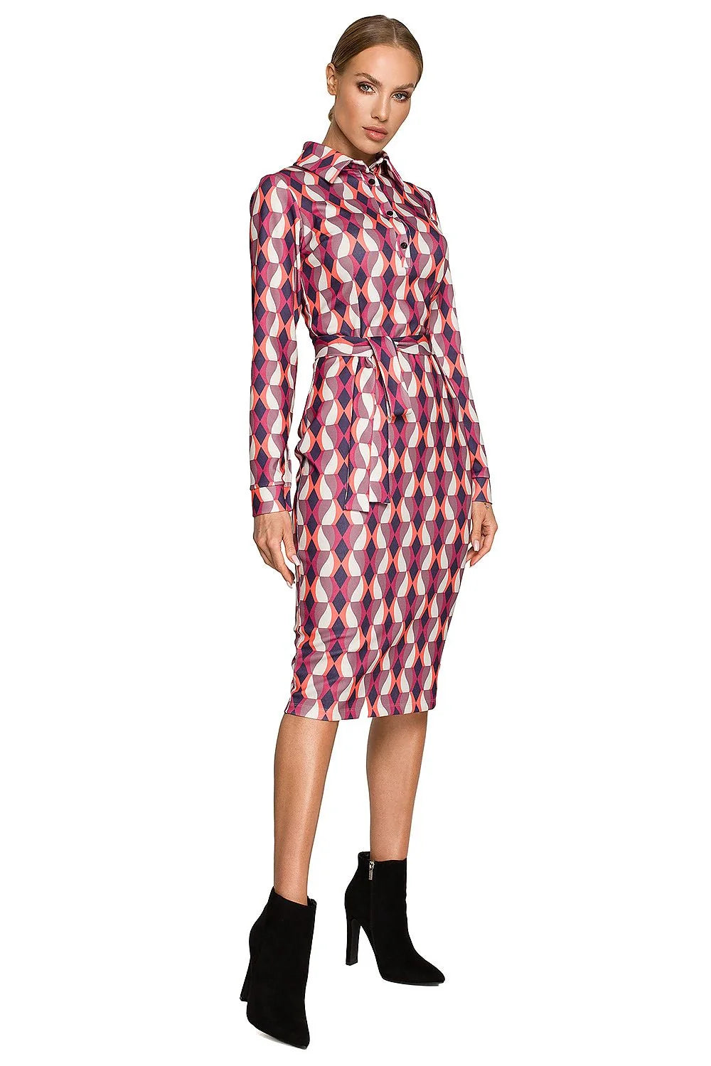 Robe de jour élégante mixte patchwork géométrique floral motifs colorés manches longues col boutonné ajustable polyester elasthanne femmes