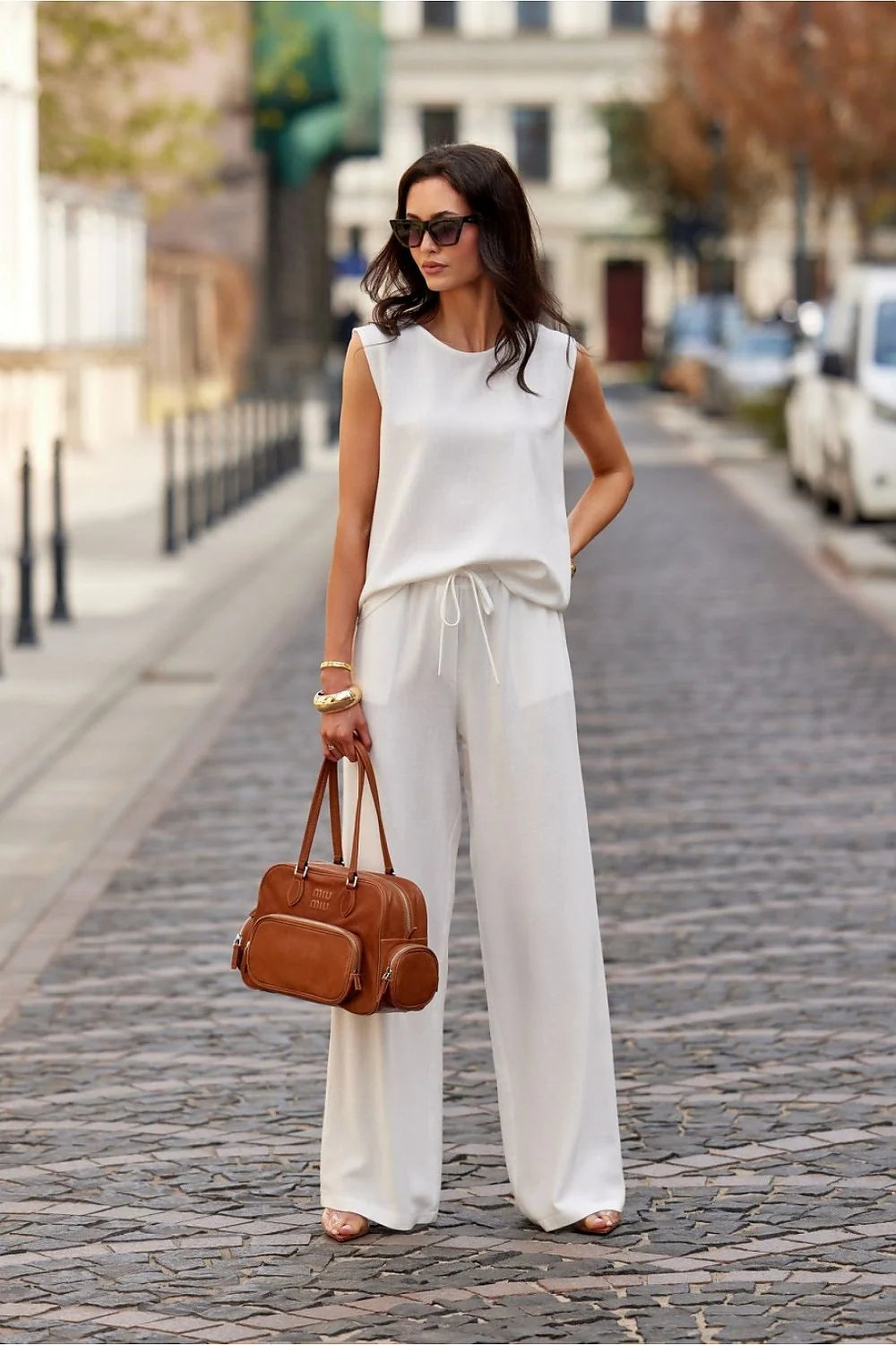 Pantalon femme élégant décontracté large blanc viscose coton haut sans manches ensemble chic occasionnel