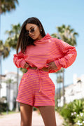 Ensemble La Balancia sweat à capuche short assorti confortable élégant femme coton polyester rose orange rayures occasion décontractée