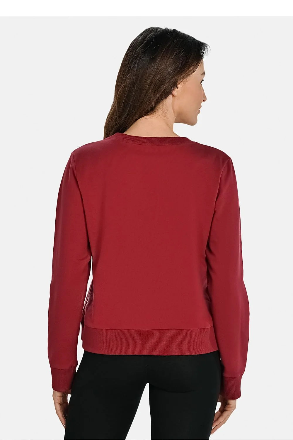 Sweatshirt femme élégant confortable col rond manches longues côtelé rouge profond logo métallique