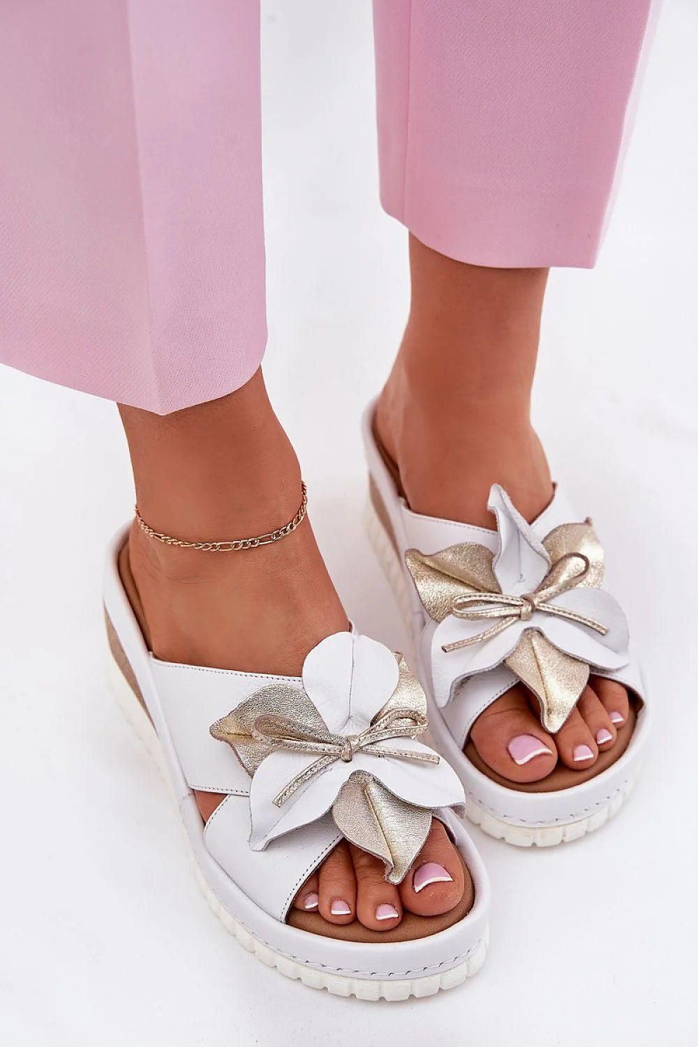 Mules femmes style floral blanc doré cuir naturel 7 cm talon compensé été décontracté élégant