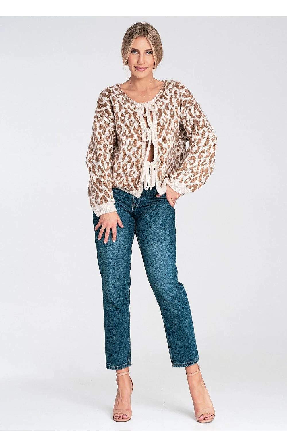 cardigan gilet femme maille douce imprimé léopard beige crème coupe ample longueur hanches col rond manches longues liens nouer