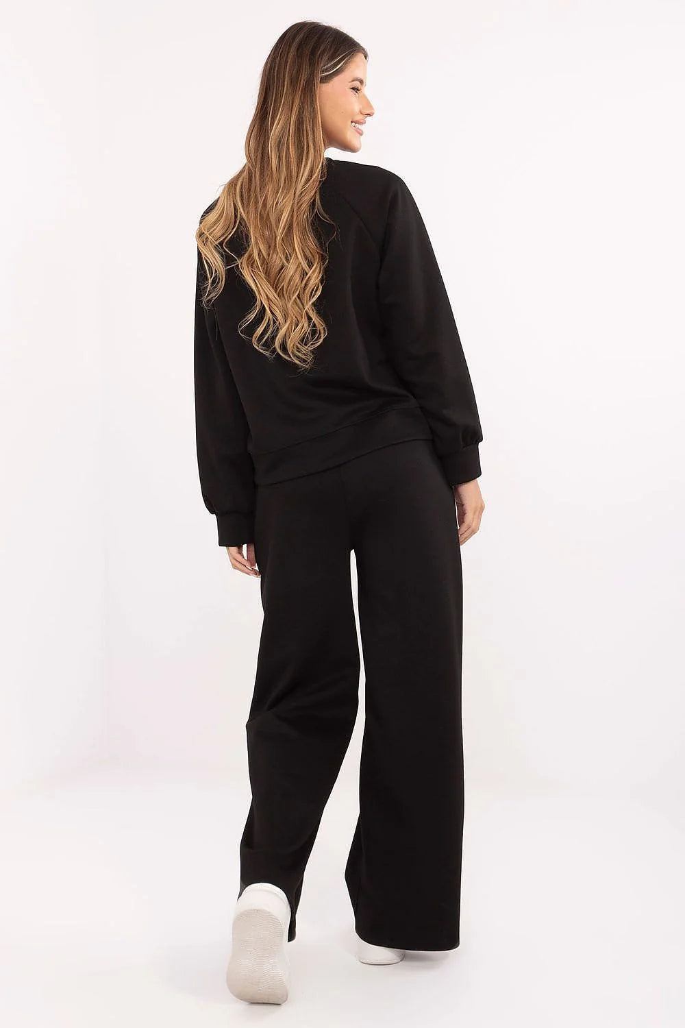 ensemble survêtement femme noir lounge molletonné effet beurre viscose polyester élasthanne stretch taille haute pantalon large poches pratiques décontracté chic
