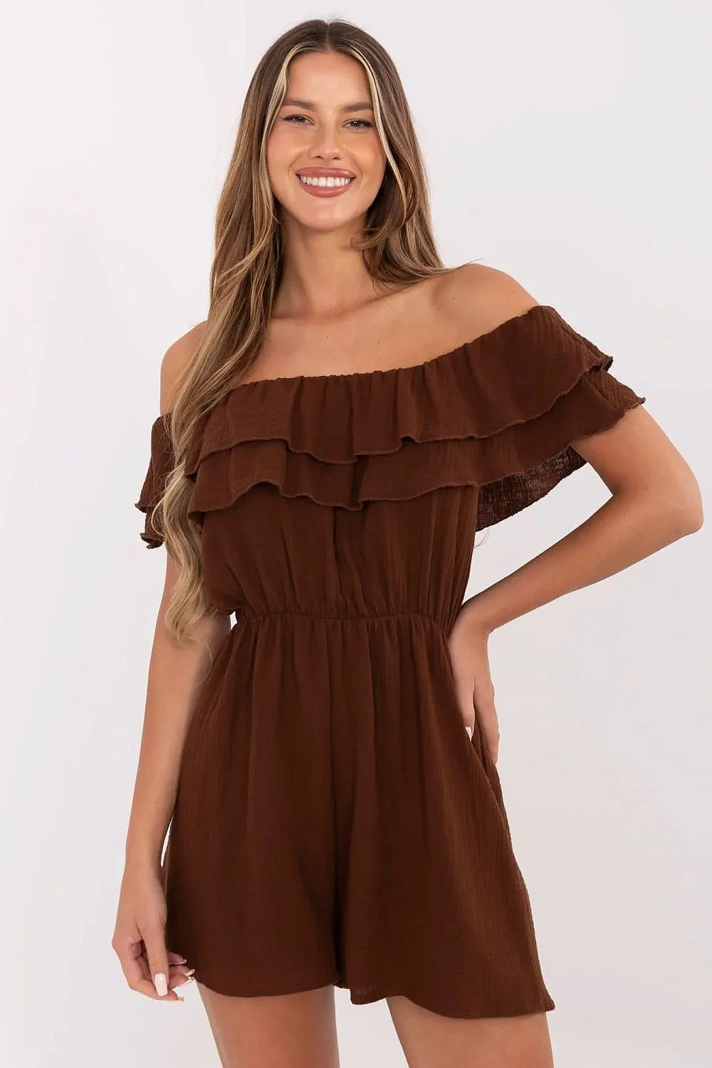 Combishort femme marron décontracté élégant mousseline coton linéaire épaules nues volants ruches taille élastiquée
