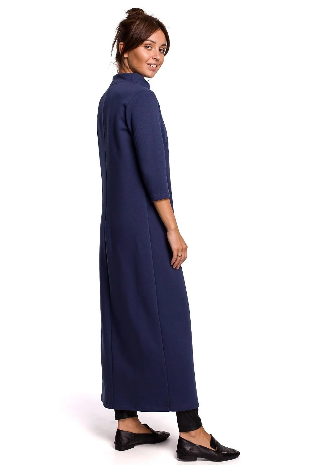Robe longue élégante coupe droite col montant manches trois-quarts fente latérale coton polyester femme occasionnels