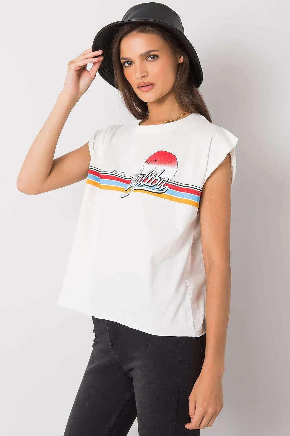 Tshirt Fancy femme noir coton jersey léger doux respirant coupe ample boxy manches courtes tombantes encolure ronde imprimé