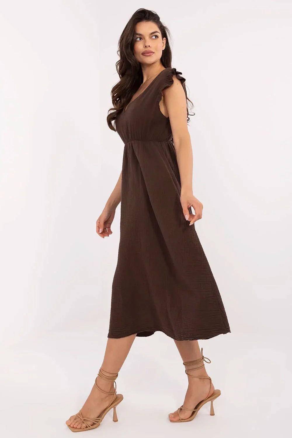 Robe de jour Italy Moda en mousseline, brune, évasée, manches courtes en ruffles, taille cintrée, style élégant, femme