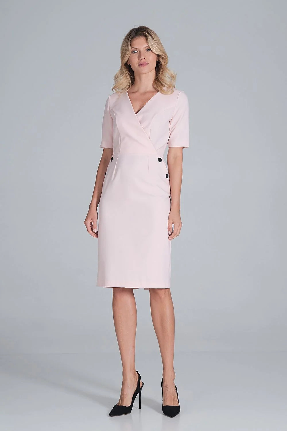 Robe élégante bleu marine polyester manches courtes col V ajustée professionnelle femme mode chic