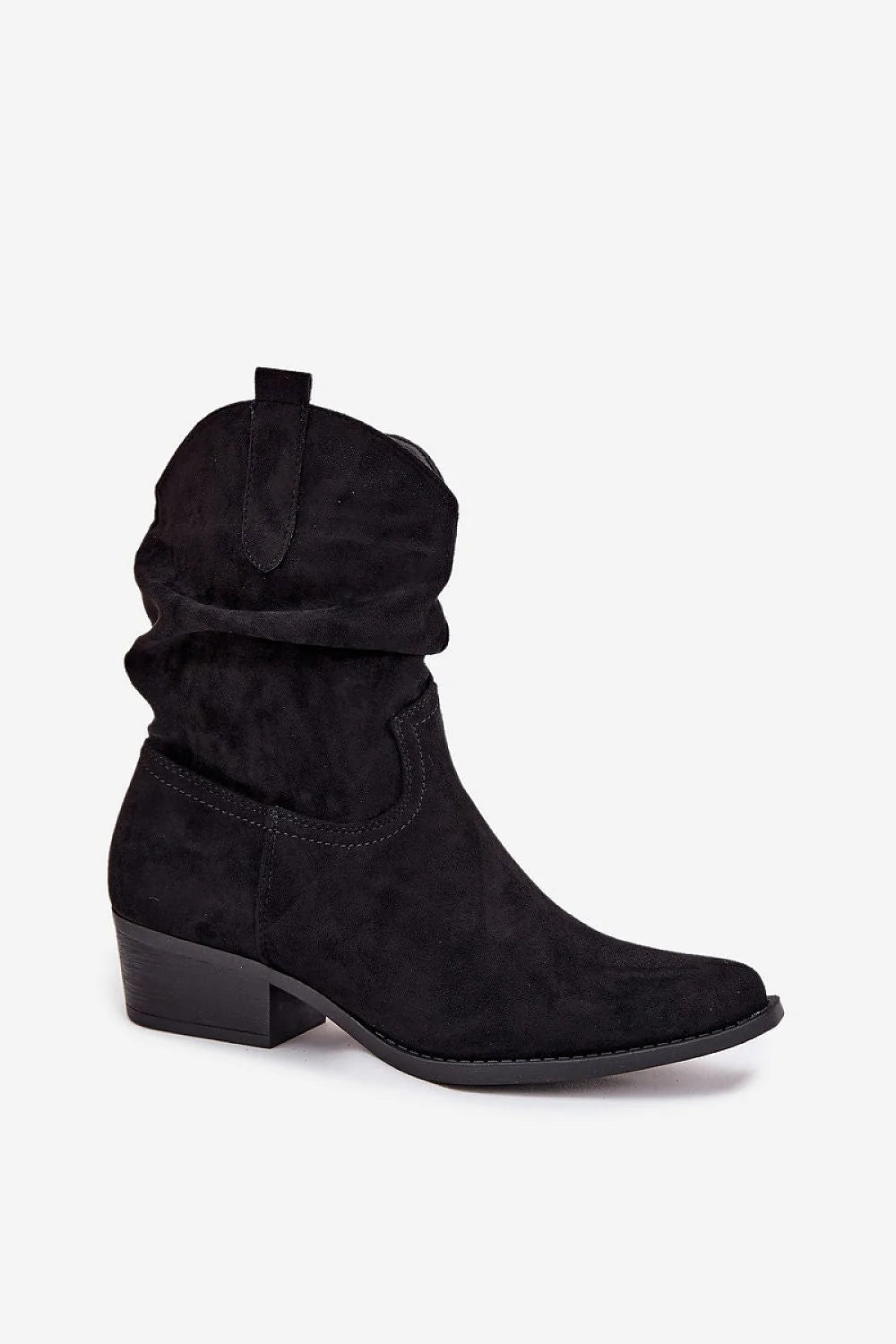 bottines femme suédine écologique noir tige froncée bout pointu talon bloc moyen confort stabilité fermeture éclair surpiqûres décoratives