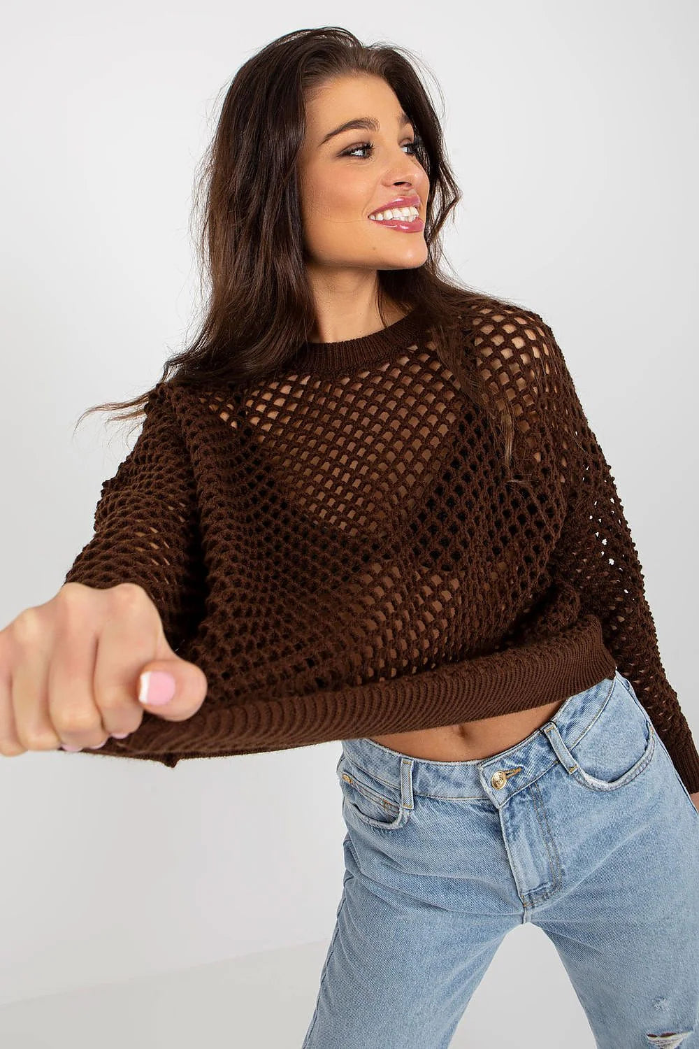 Haut pour femme en maille ouverte style décontracté moderne manches longues encolure ronde couleur marron foncé