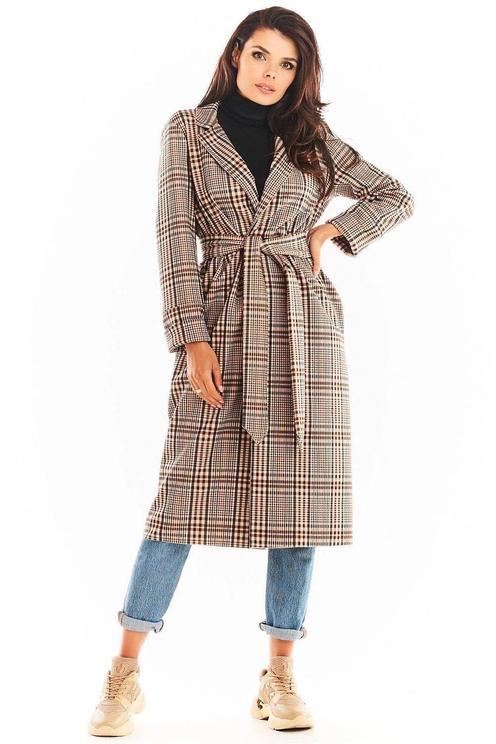 Manteau pour femme élégant classique motif carreaux long double col ceinture manches longues fabriqué en Pologne polyester elasthanne taille S/M L/XL
