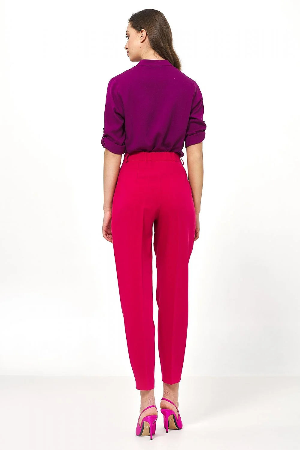 Pantalon femme Nife taille haute couleur rose vif en viscose polyester elasthanne manches 3/4 col V