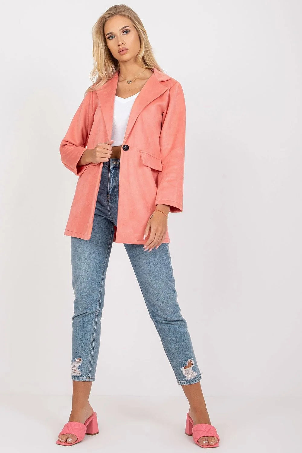 Veste pour femme moderne en imitation daim couleur pêche, style épuré, coupe droite, idéale pour toutes occasions, polyester et élasthanne, manches longues, poches à rabat, fermeture à glissière, look élégant et confortable
