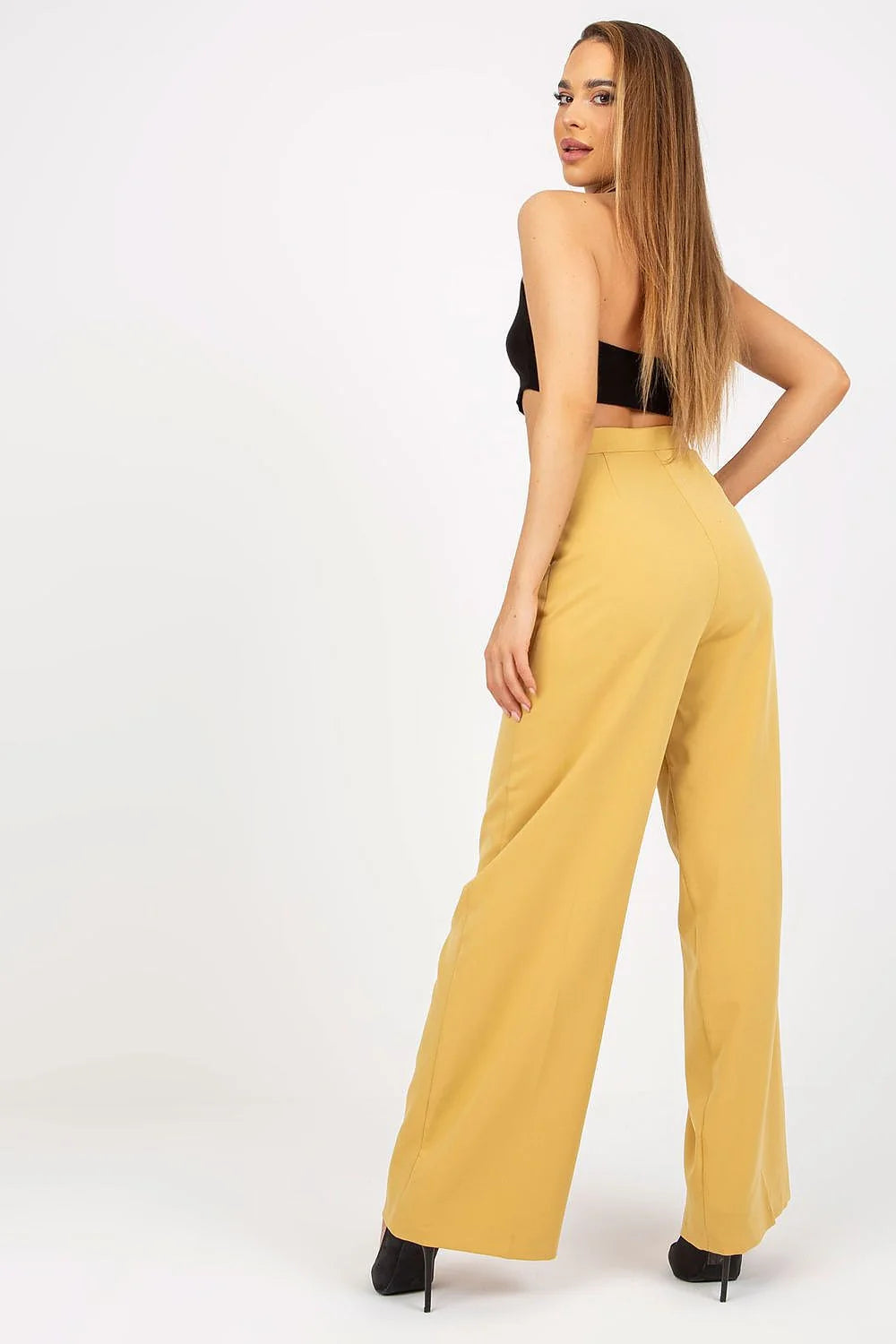 pantalon long femme taille haute palazzo moutarde coupe large fluide plis bouton zip poches latérales polyester viscose élégant polyvalent