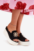 Sandales compensées pour femme élégantes en suédé écologique noir et blanc talon 9cm plateforme 4.5cm ornement BB