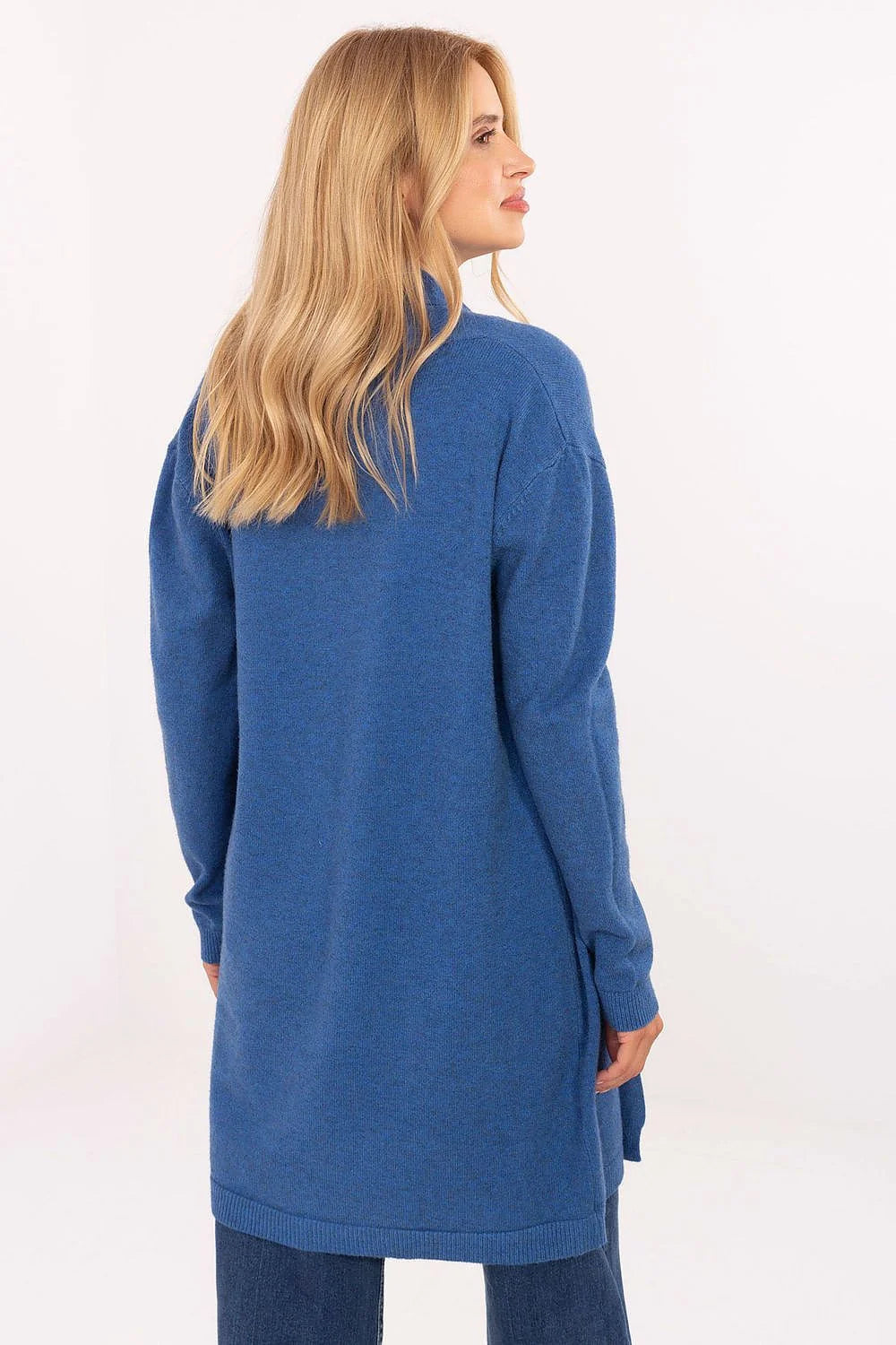 cardigan femme bleu roi col châle maille douce coupe décontractée manches longues poches plaquées bords côtes ourlet mi cuisses