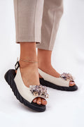 Sandales féminines élégantes en cuir blanc cassé semelle noire crystals dorés et mauves plateforme confortable talon sécurisé occasion soirée été femmes