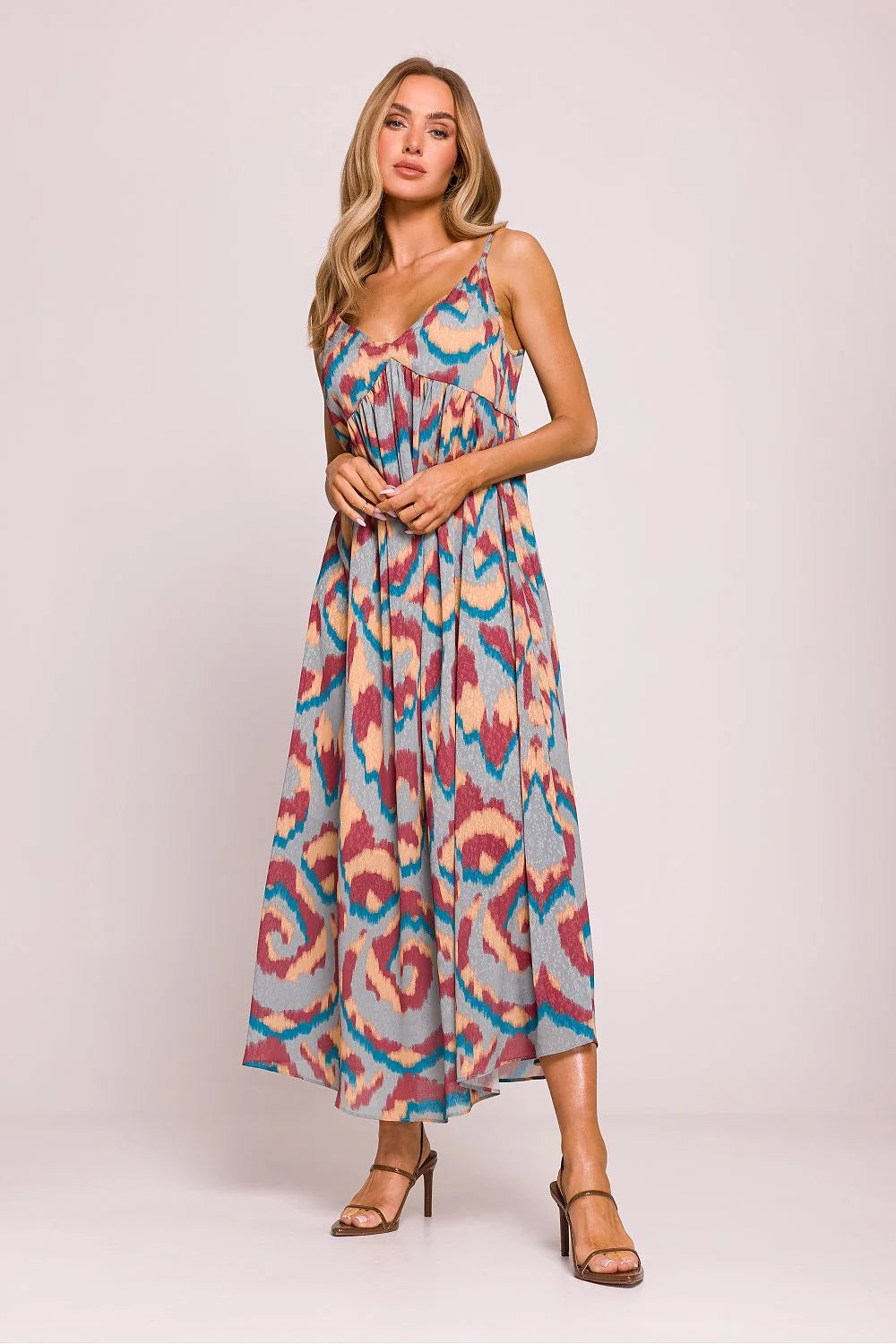 Robe de jour Moe style bohème ikat multicolore encolure V longue manches courtes femmes été plage