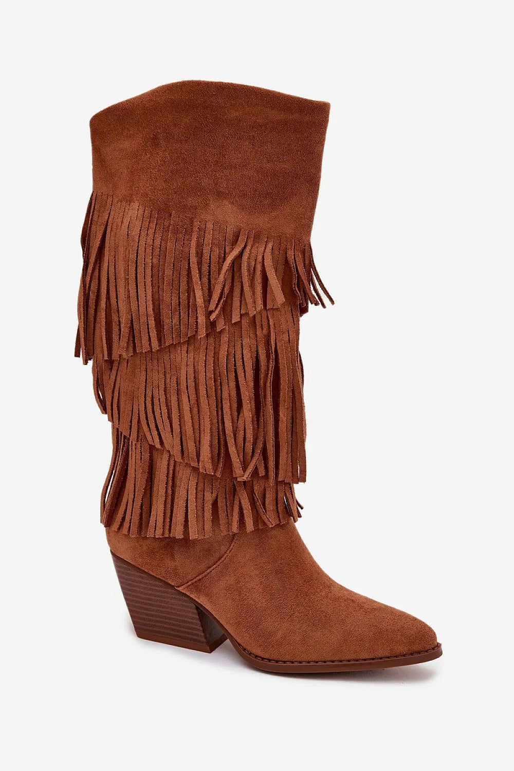 bottes cowgirl femme daim suédé écologique cognac franges superposées tige droite bout pointu talon bloc moyen doublure fourrure