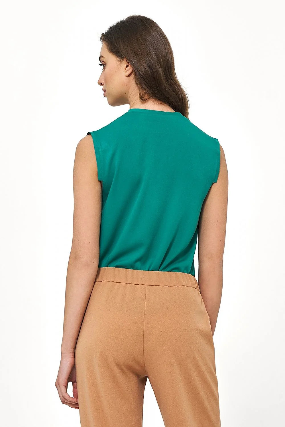 Chemisier Nife ensemble femme vert émeraude beige pantalon taille haute coupe droite manches sans V-neck