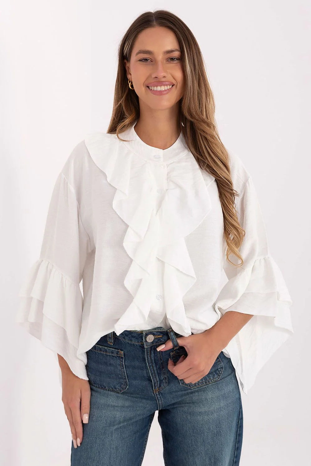 chemise femme sans col viscose fluide qualité manches longues volants mi longueur jabot boutonnage coupe classique
